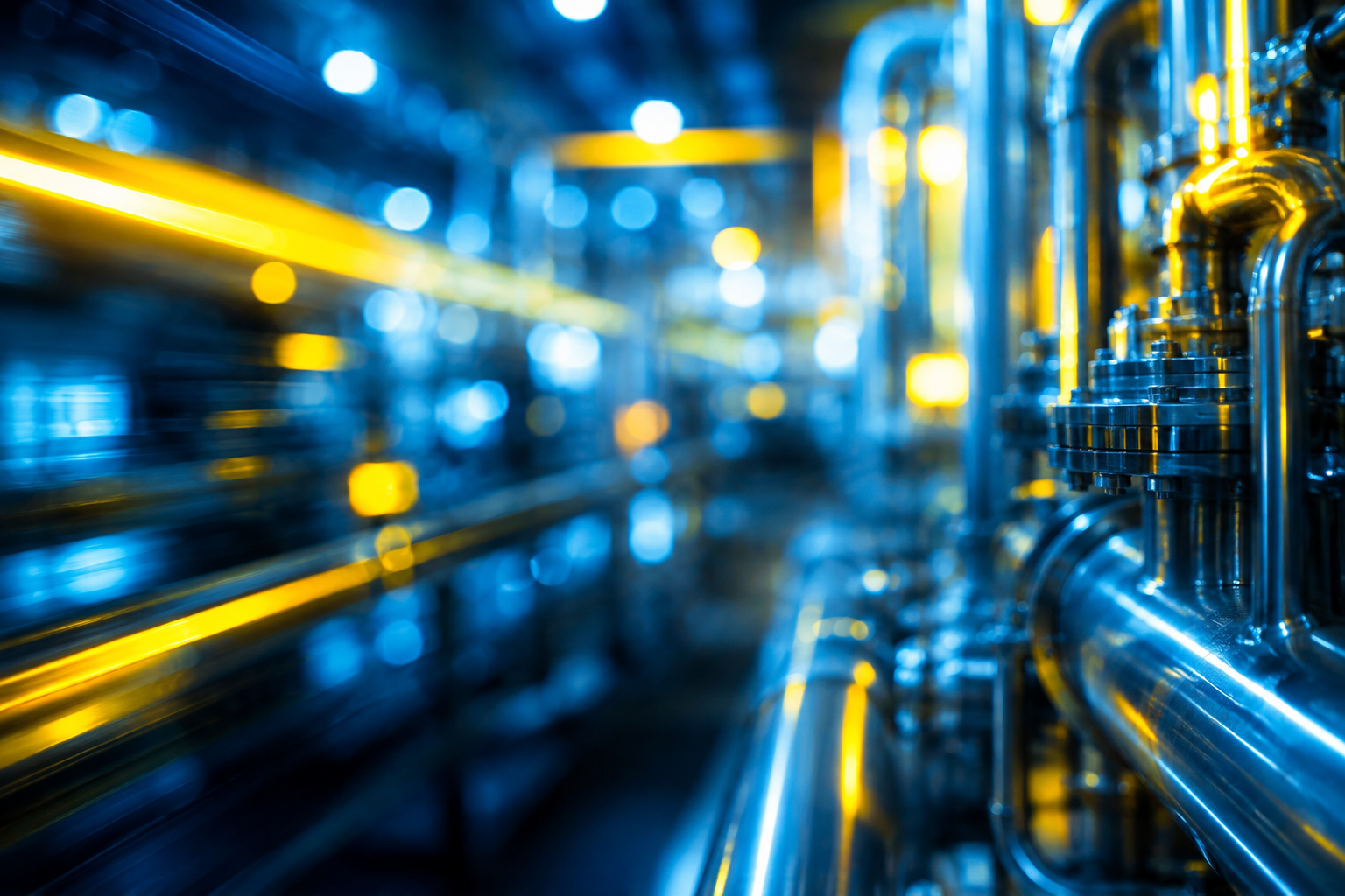 A close-up shot of shiny metallic industrial pipes and valves in focus, with blurred yellow light motion trails and blue bokeh in the background.