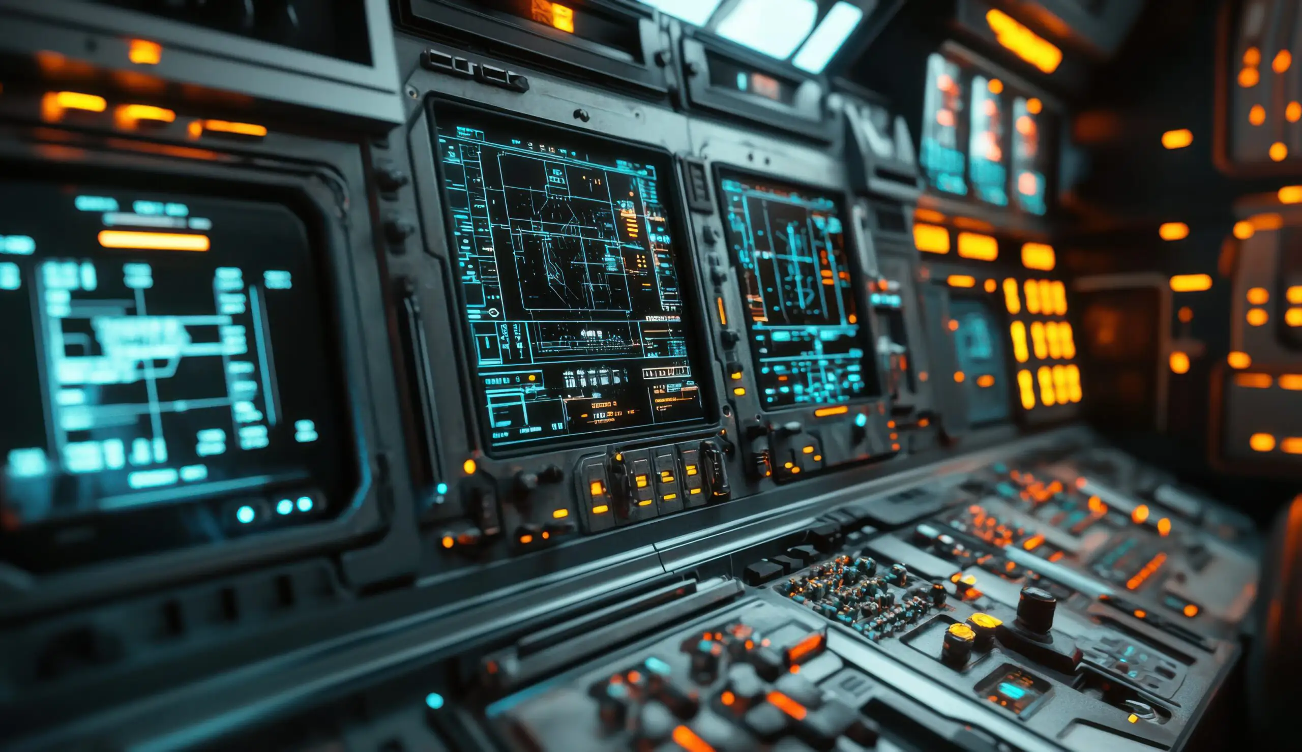 A detailed close-up of a dashboard with illuminated cyan digital display screens, complex schematics, and glowing orange control buttons.