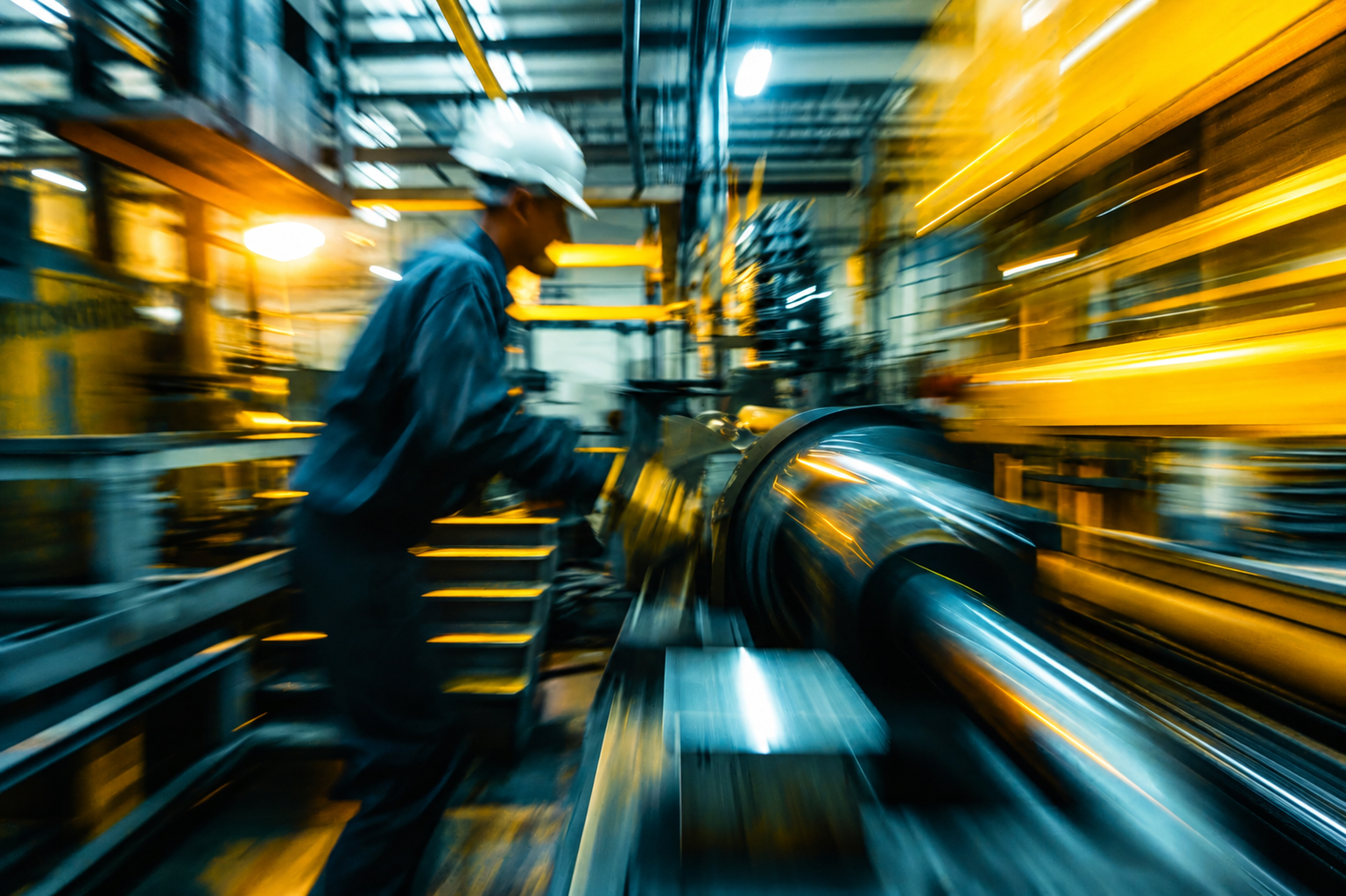 A motion-blurred shot of a factory worker in a hard hat operating heavy metal-processing machinery.