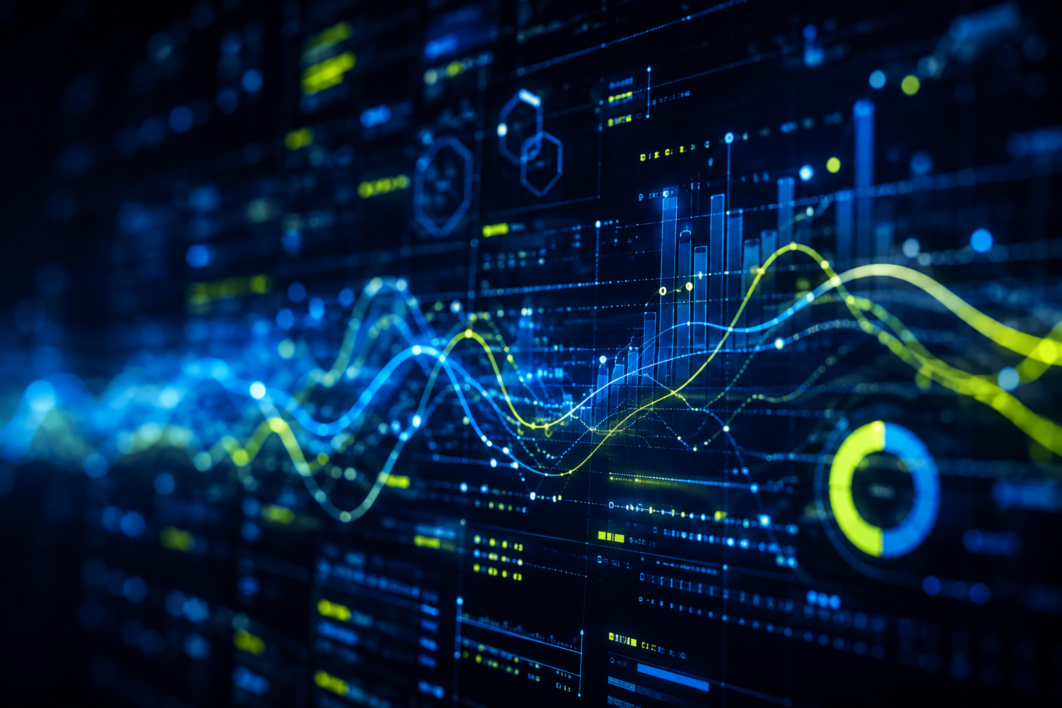 A futuristic 3D digital data visualization dashboard displaying glowing blue and yellow line graphs, bar charts, and financial analytics.