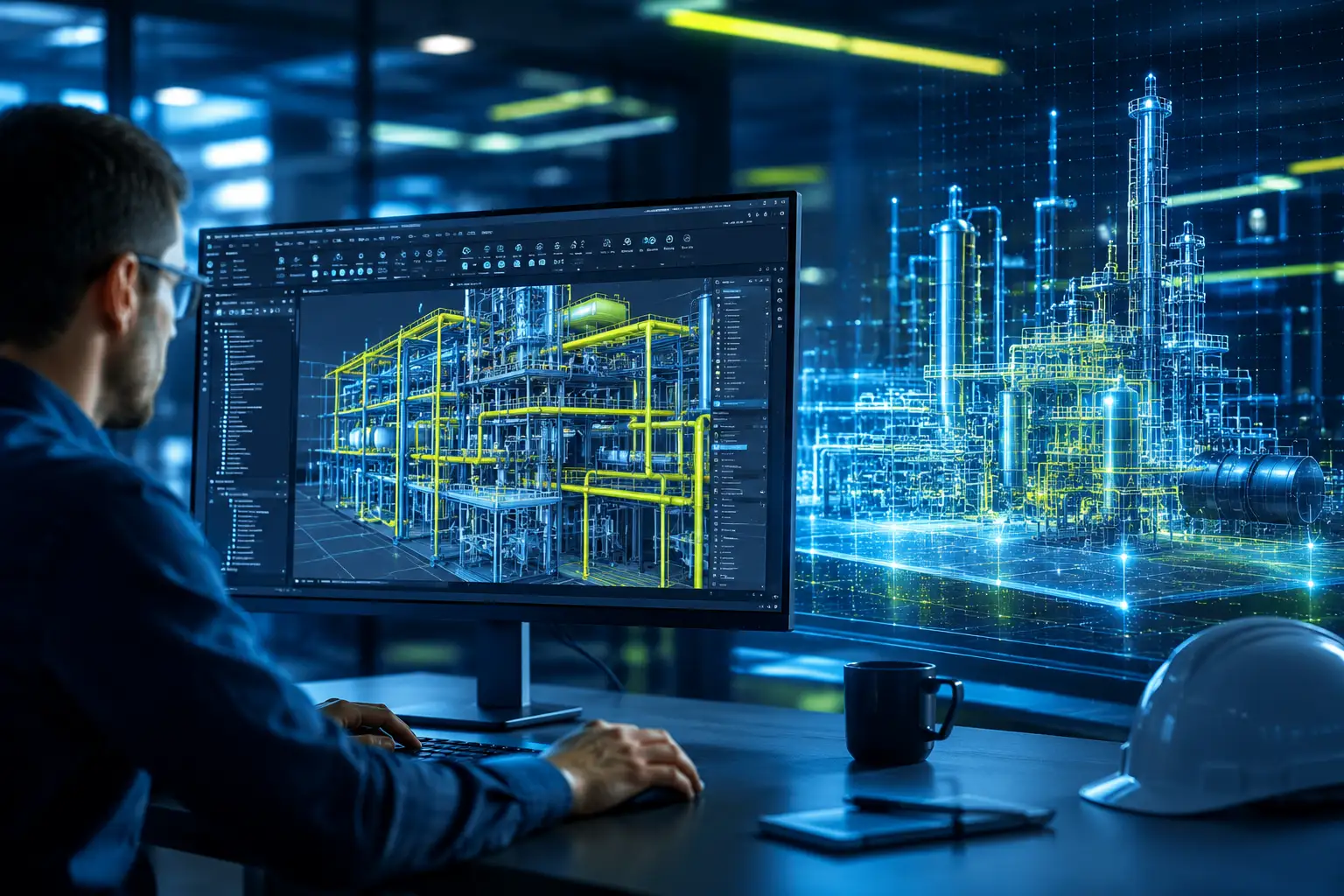 An engineer working at a desk with a 3D CAD model of an industrial facility on his monitor alongside a glowing digital twin wireframe projection.