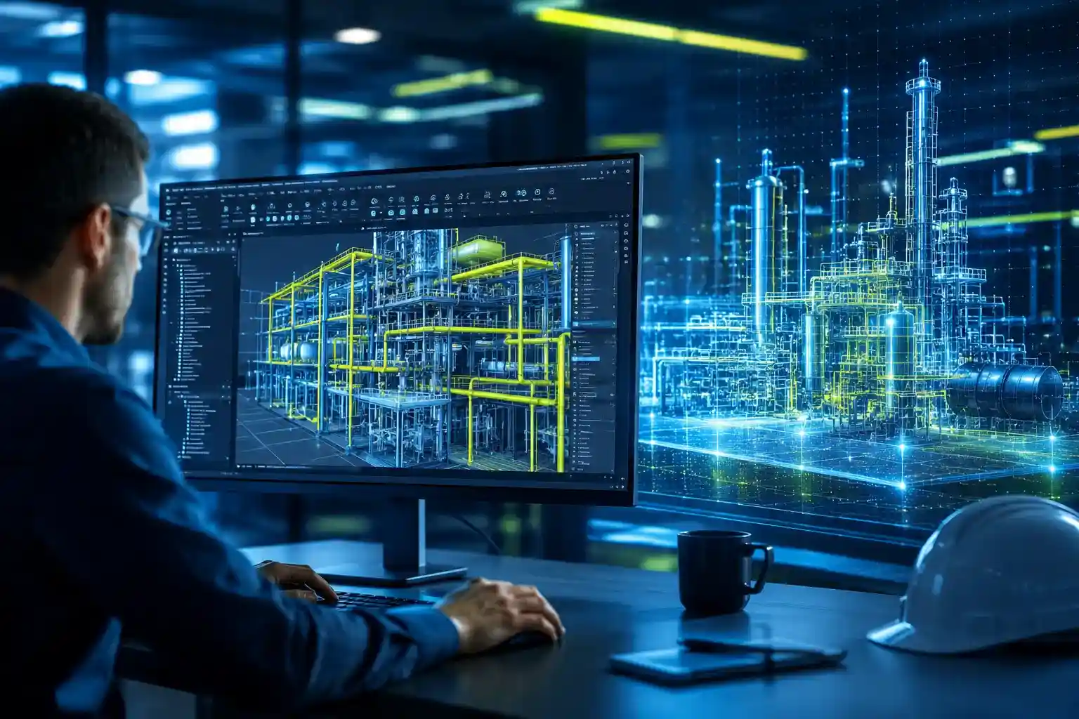 Engineer reviewing a 3D plant design model on a computer screen, with a digital twin visualization of an industrial facility in the background