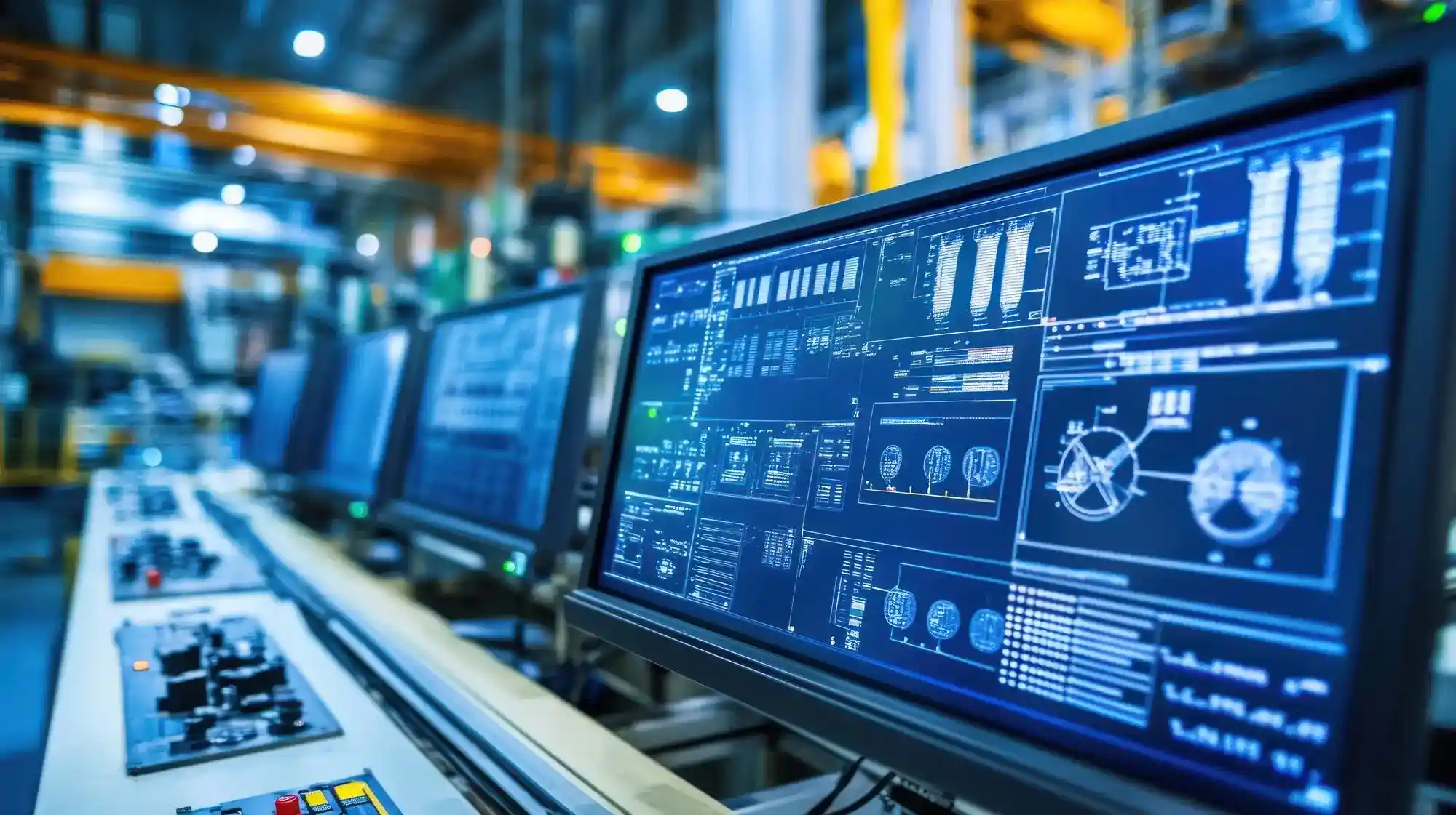 A row of industrial workstation monitors displaying blue digital blueprints and schematics on a factory floor.