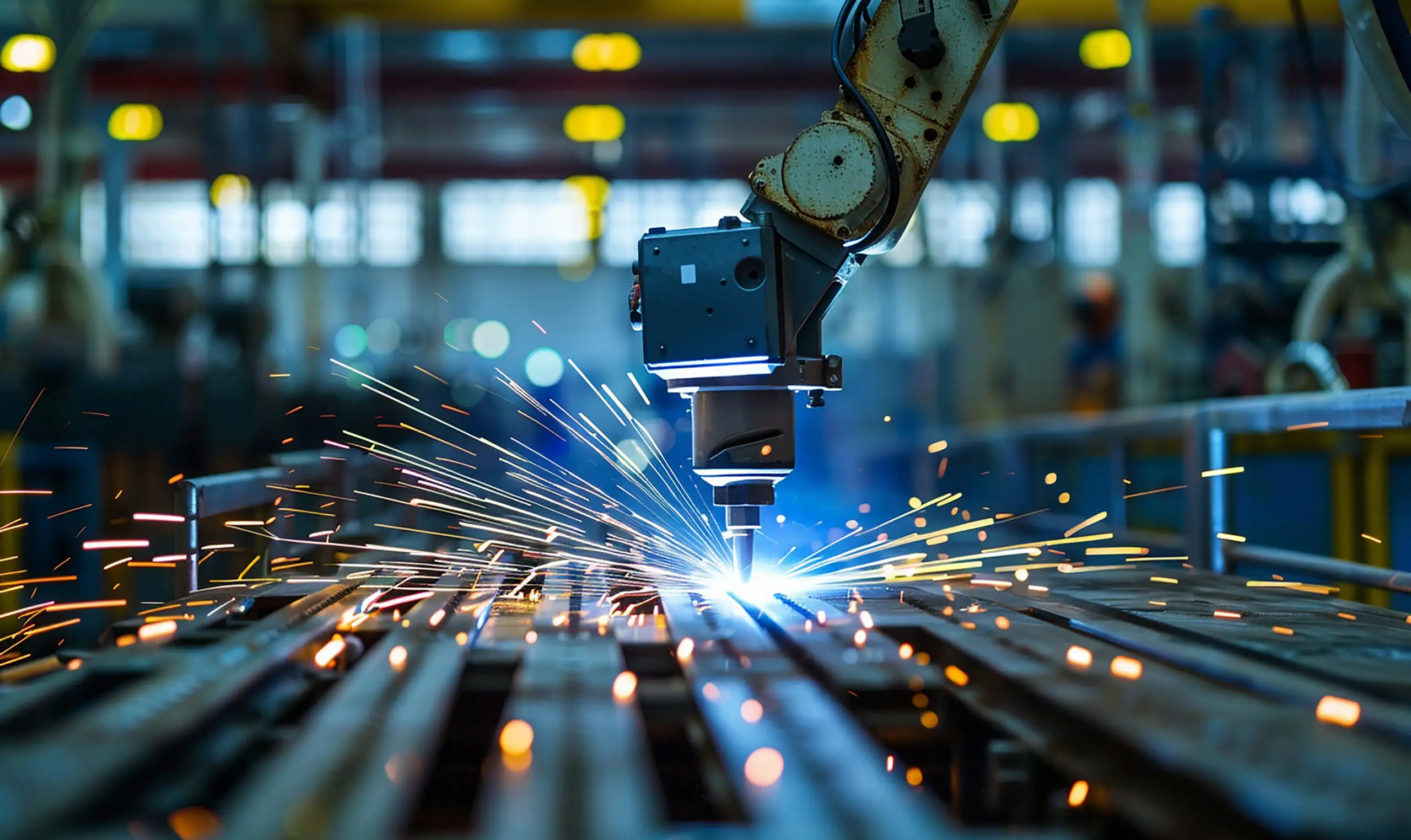An automated robotic welding arm cutting metal on an industrial assembly line, casting bright blue light and yellow sparks.
