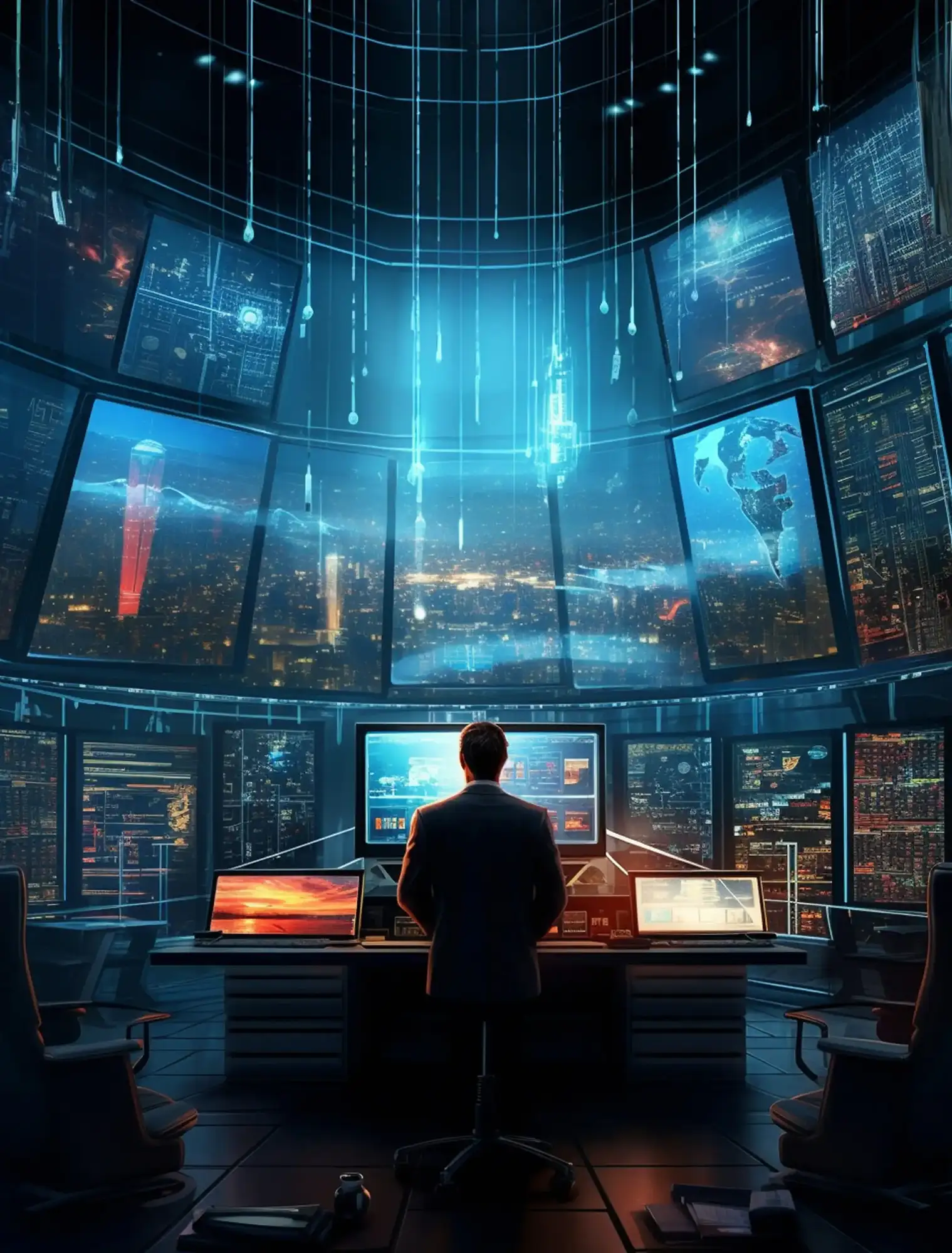 A person in a suit viewed from behind, sitting in a high-tech command center facing a massive, curved wall of glowing computer screens displaying global maps and data graphics.