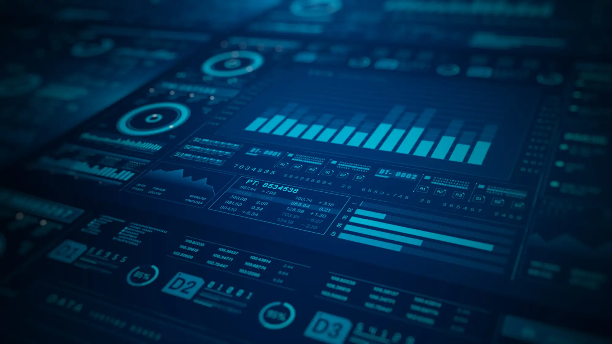 A dark blue digital user interface displaying glowing blue data metrics, bar charts, line graphs, and numerical analytics.