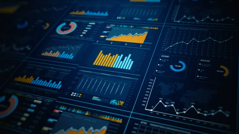 An analytics dashboard display featuring colorful blue, orange, and yellow charts, line graphs, donut charts, and data metrics.