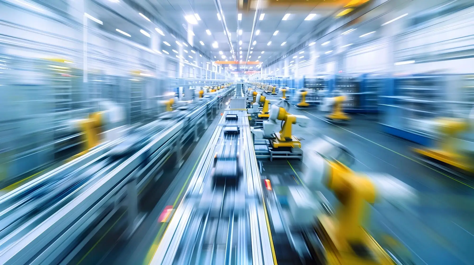 A high-speed motion blur perspective down an automated factory assembly line lined with yellow robotic arms and brightly lit industrial tracks.
