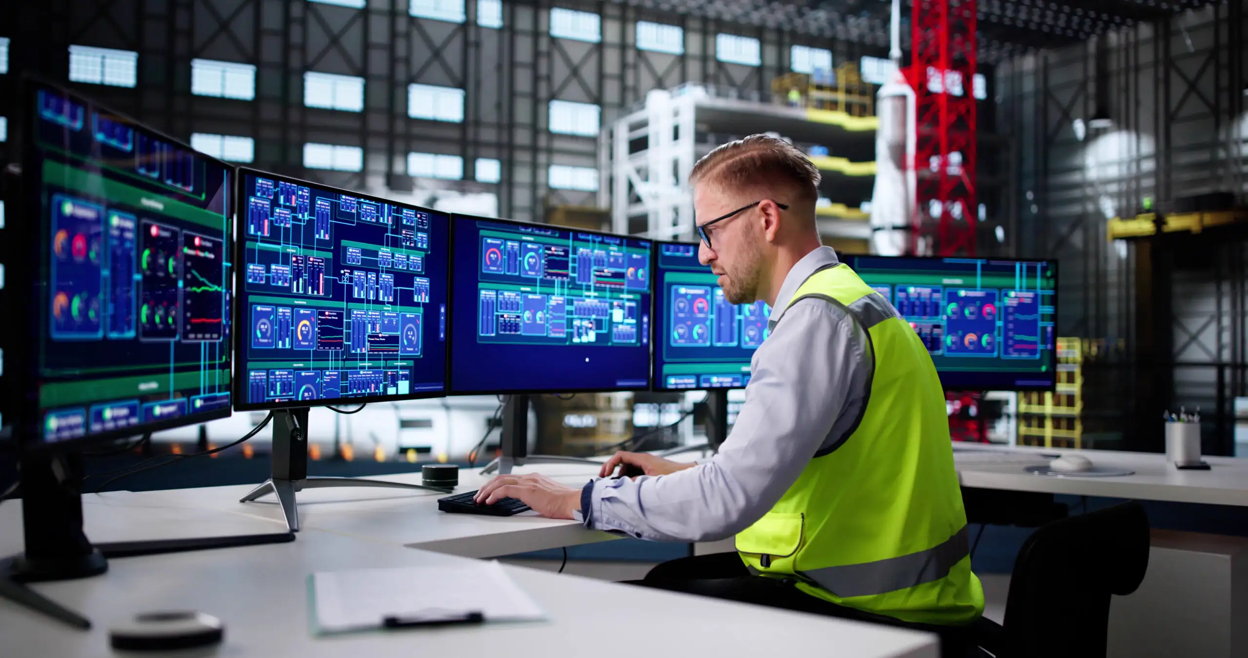 A person wearing glasses and a high-visibility yellow safety vest sitting at a multi-monitor workstation with data dashboards inside a large industrial facility.