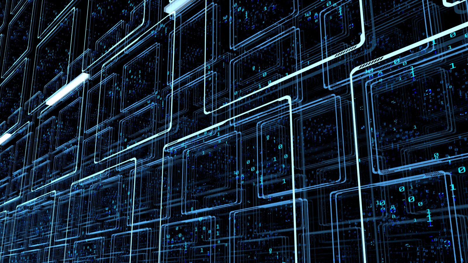 An abstract 3D digital background showing glowing blue rectangular grid lines and floating binary code against a dark backdrop.
