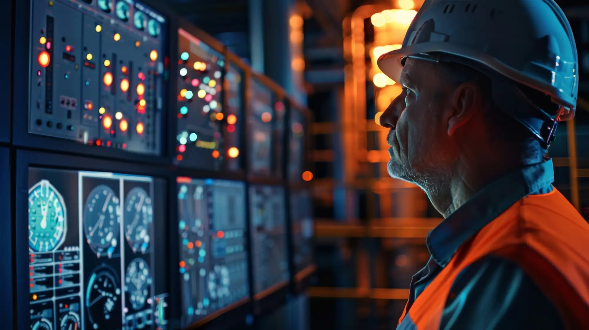 A person in profile wearing a white hard hat and orange safety vest inspecting a bank of control panels and display screens in an industrial facility.