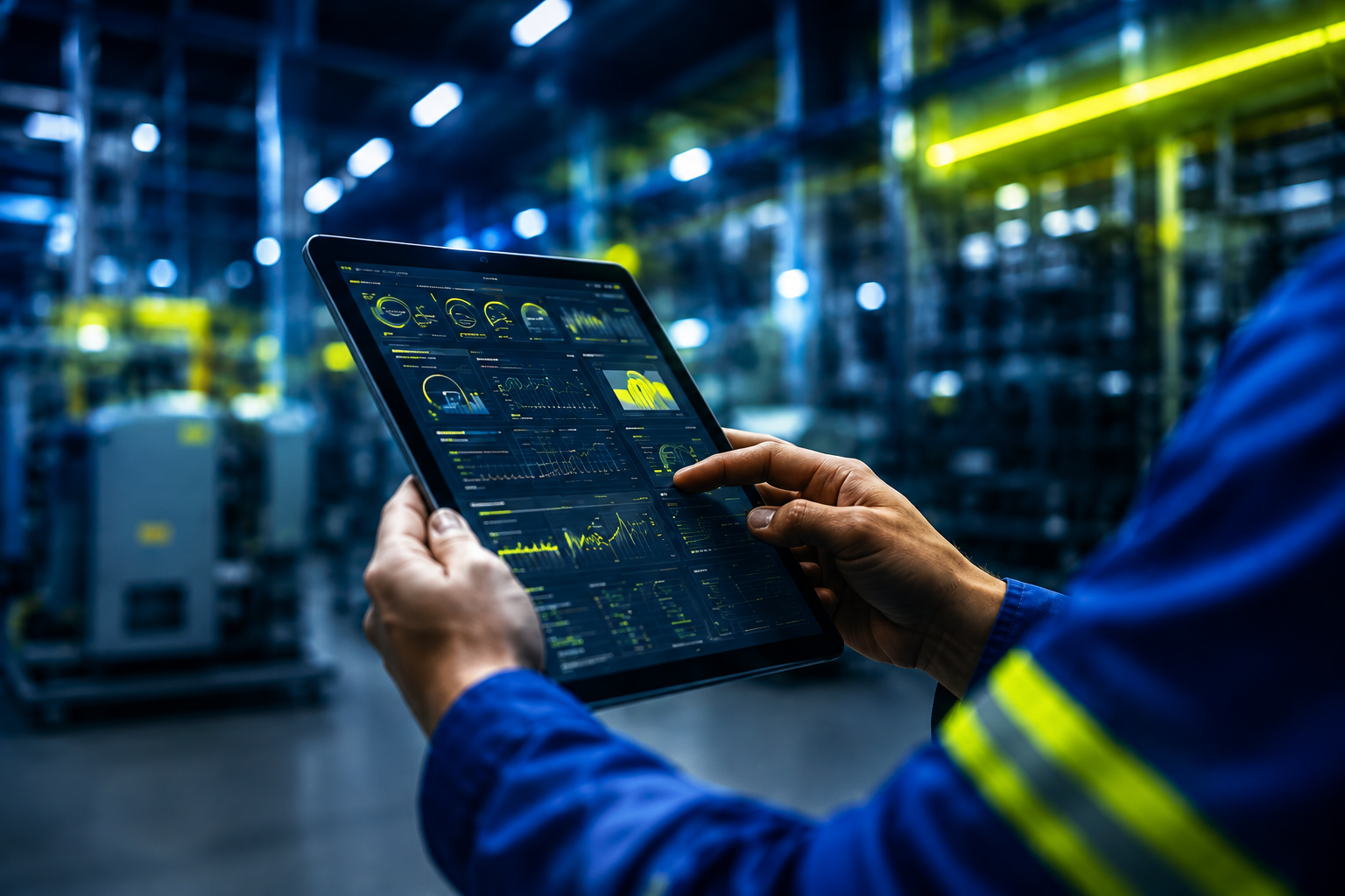A technician holding a digital tablet displaying real-time data dashboards, graphs, and performance metrics inside a modern industrial facility.