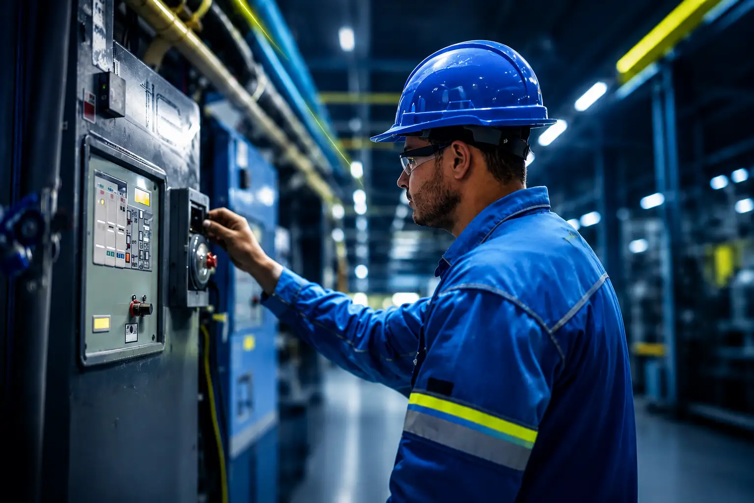 A male technician in a blue hard hat and matching work jacket operating an industrial electrical control panel inside a factory.