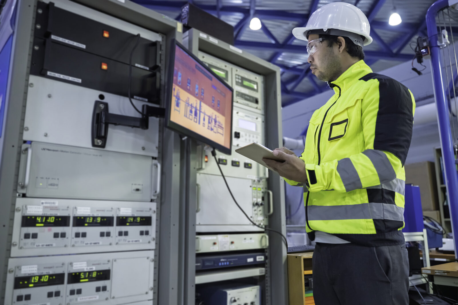 A technician wearing a white hard hat and high-visibility jacket using a tablet while standing beside industrial control racks and a monitoring screen.