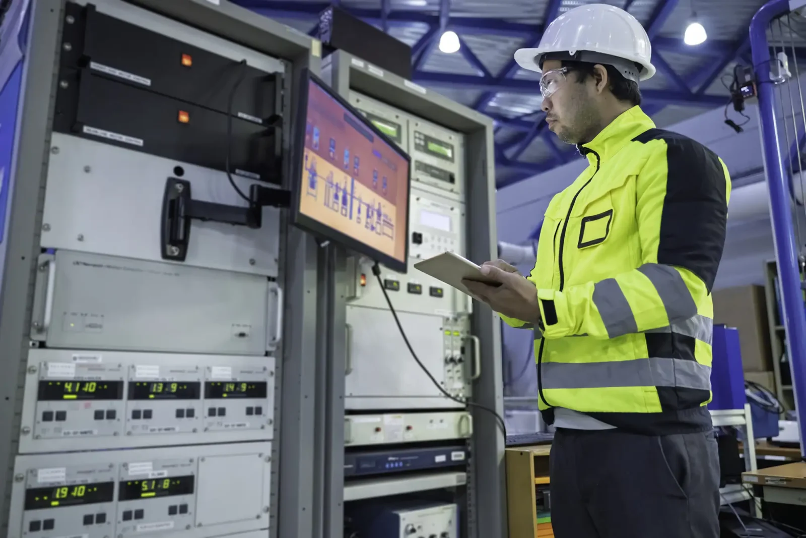 A technician wearing a white hard hat and high-visibility jacket using a tablet while standing beside industrial control racks and a monitoring screen.