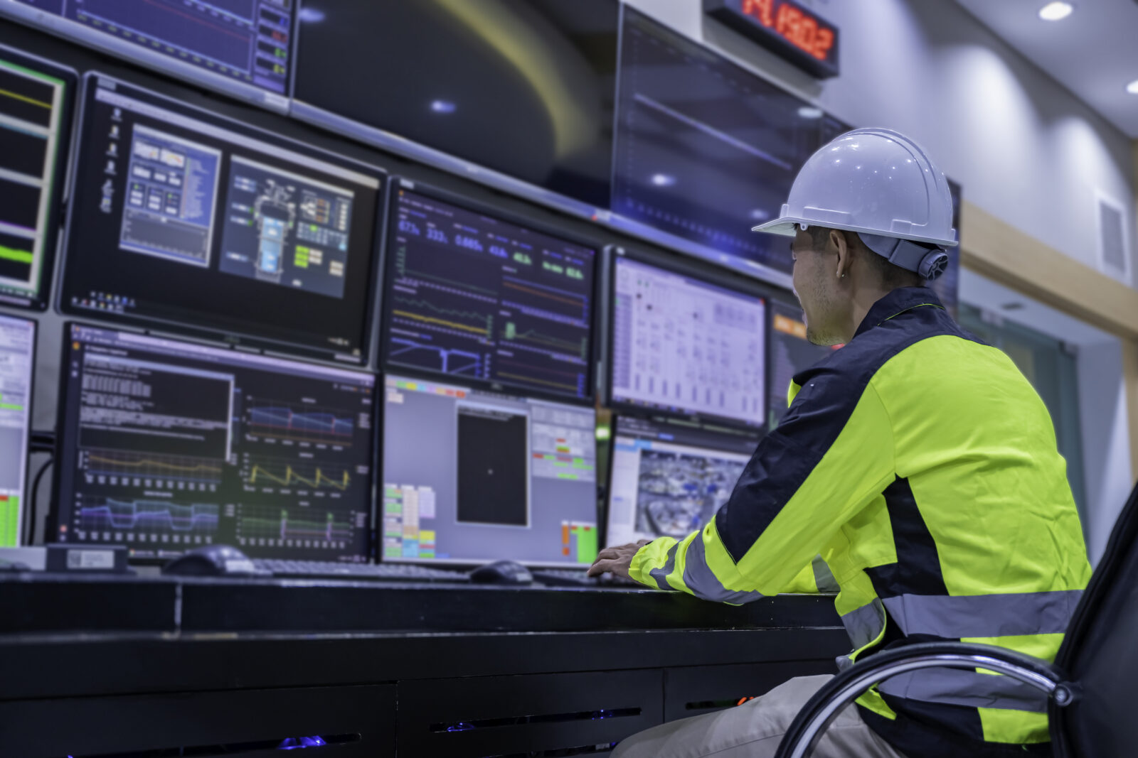 An engineer in a white hard hat and yellow reflective jacket operating a multi-screen workstation in an industrial control room.