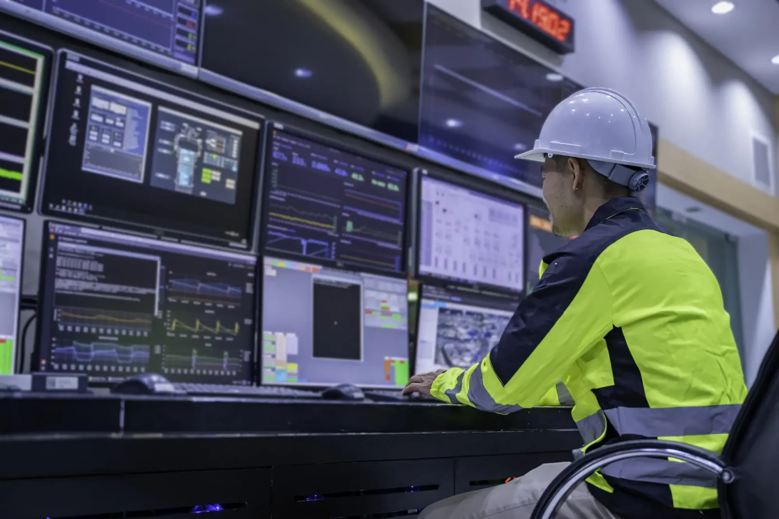 An engineer in a white hard hat and yellow reflective jacket operating a multi-screen workstation in an industrial control room.