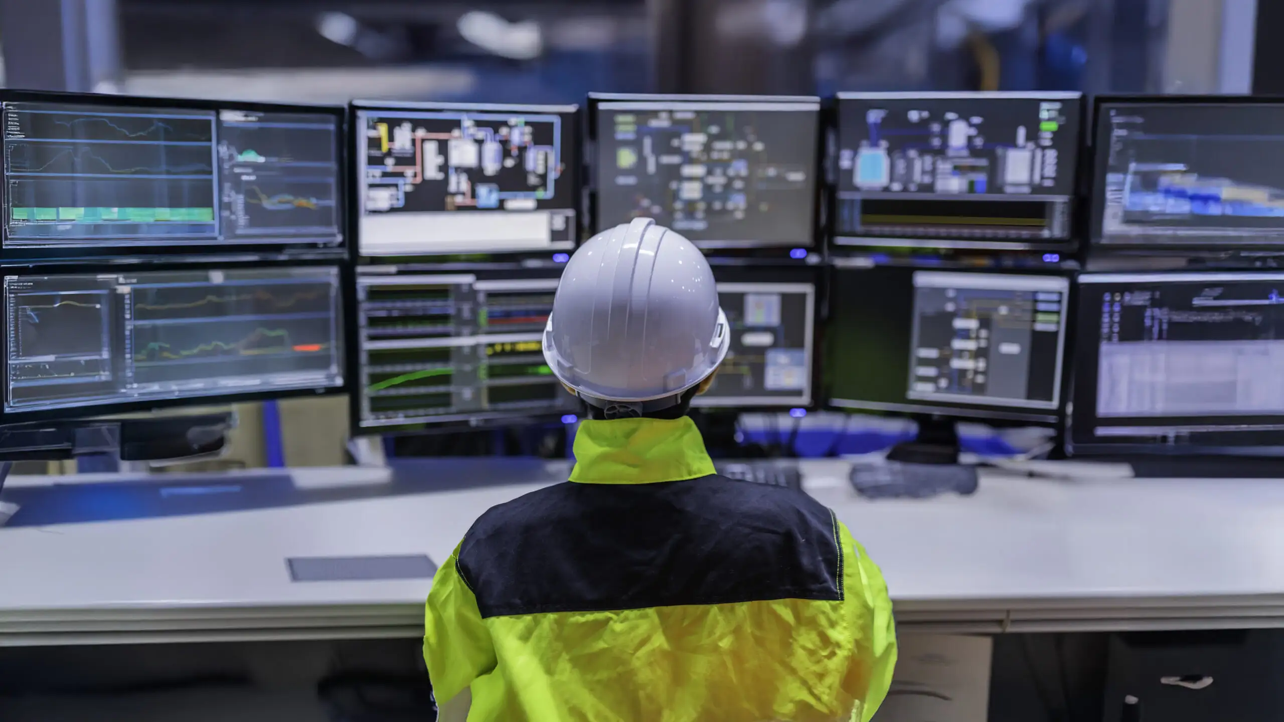 An engineer viewed from behind wearing a white hard hat and yellow reflective jacket, seated in front of a wide array of computer screens displaying complex system schematics and data graphs.